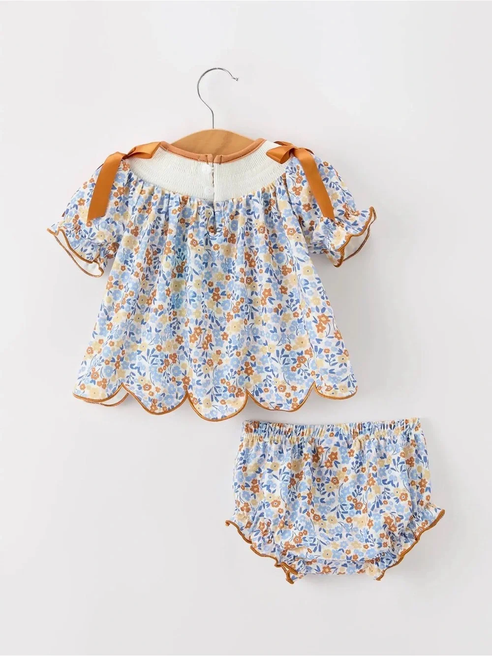 Girls Floral Smocked Matching Set in Blue and Orange